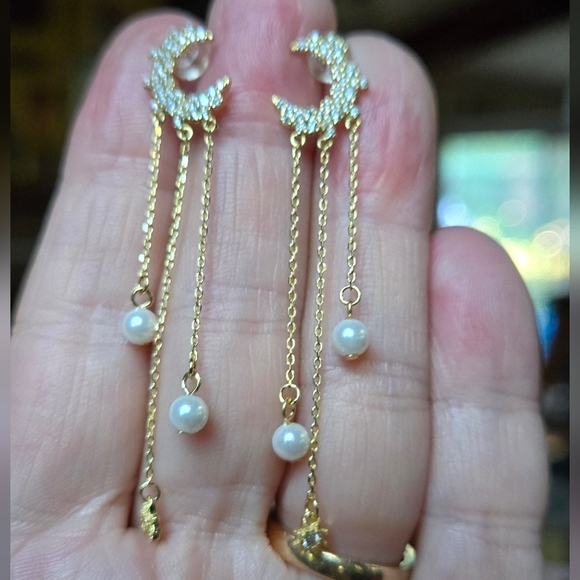 White topaz & pearl Crescent Moon falling star sterling & gold Earrings - Picture 5 of 8